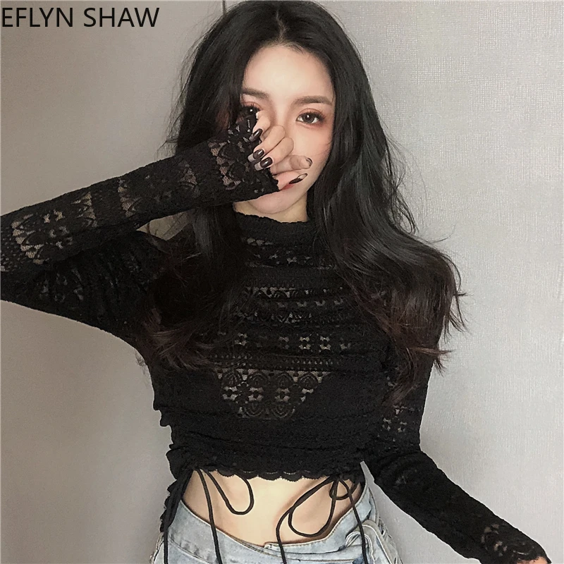 

Sexy Crop Top for Women New Summer Slim Bottom Lace Shirt See Through Drawstring Hollow Out Sheer Blouse chic clubwear