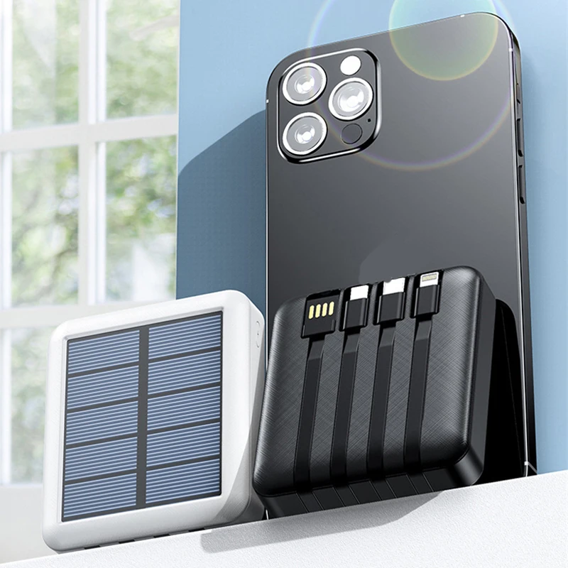 20000mah mini solar power bank portable fast charger built in 4 cables powerbank external battery pack poverbank for all phones free global shipping