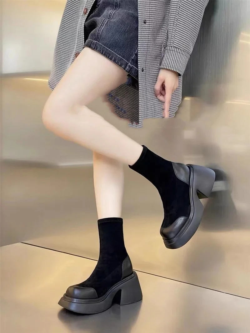 Autumn Spring Women Shoes Woman Platform Boots Fashion Round Toe Ankle Boots 2023 Winter Elastic Black Spuare Comfortable Botas