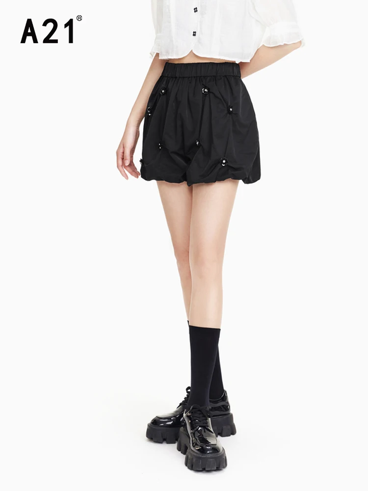 A21 Women Black High Waist Flower Bud Shorts 2022 Summer New Loose Wide-leg Short Pants Female Fashion Bottoms