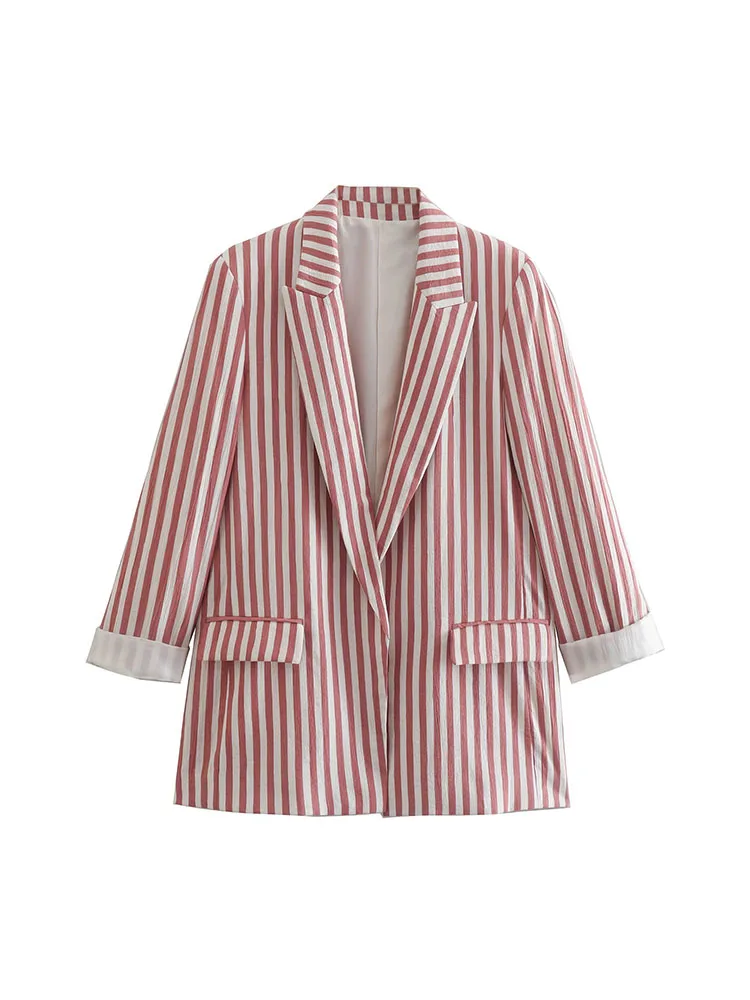 

Women's Summer 2022 New Fashion Casual Chic Pocket Striped Blazer Retro Lapel Slim Fit Long Sleeve Loose Top