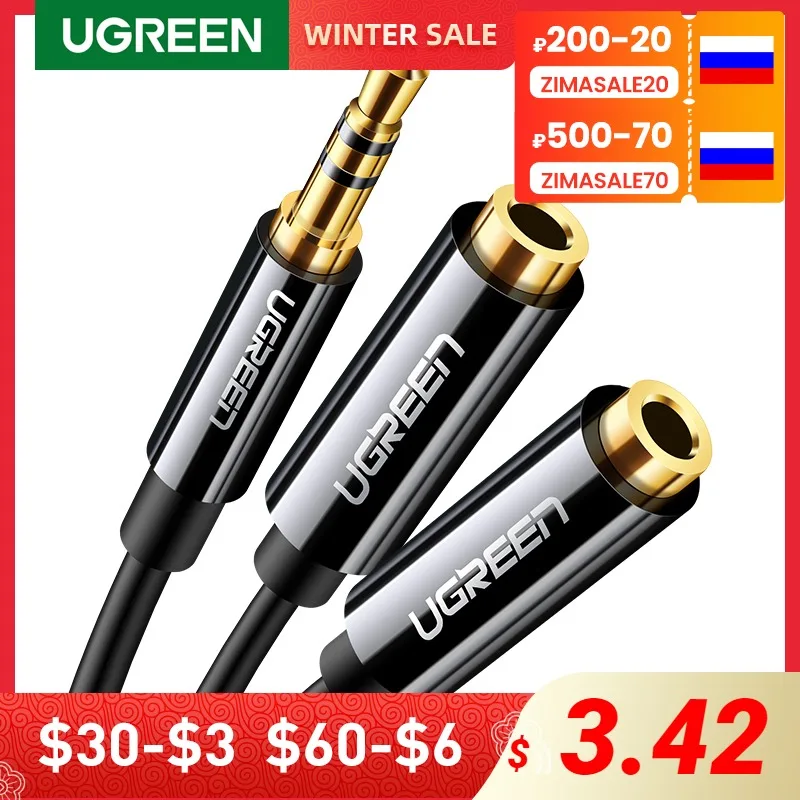 

UGREEN 3.5mm Y Audio Jack Splitter Extension AUX Cable Headphone 3.5mm Male to 2 Port 3.5 Female for iPad PC MP3 Players Adapter