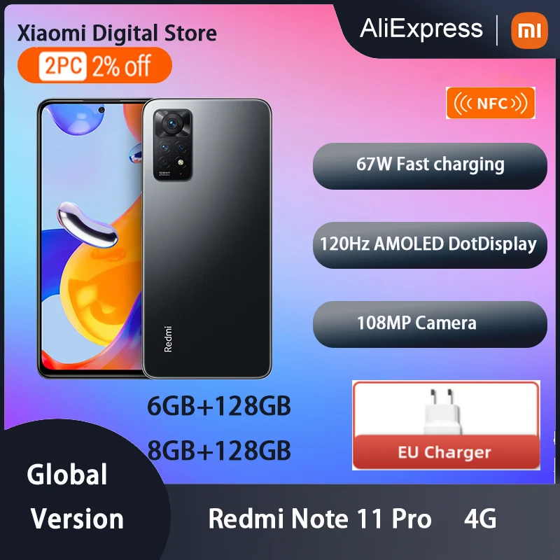 

Global Versie Xiaomi Redmi Note 11 Pro 64Gb/128Gb Smartphone Octa Core Mtk Helio G96 108MP 120hz Amoled 67W Snelle Lading