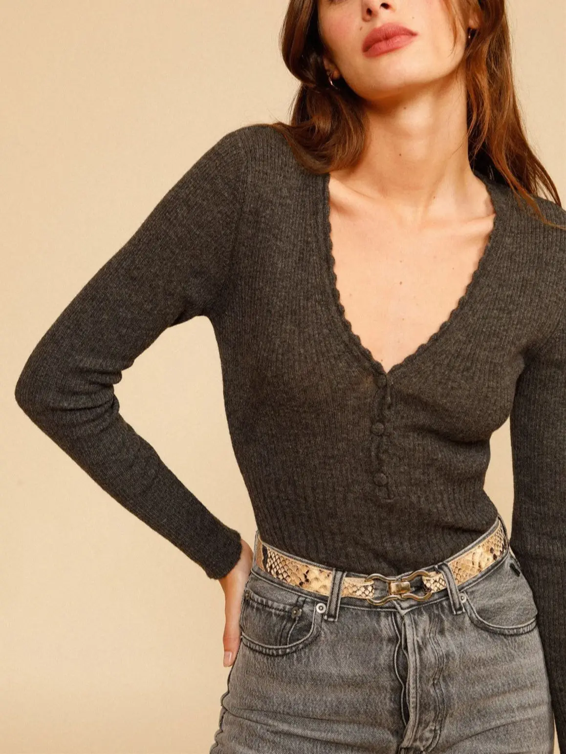 

Wavy Trim V-neck Women Knit Slim Sweater Autumn Winter Lady Long-Sleeved Knitwear Bottoming Pullover Top Front With Buttons