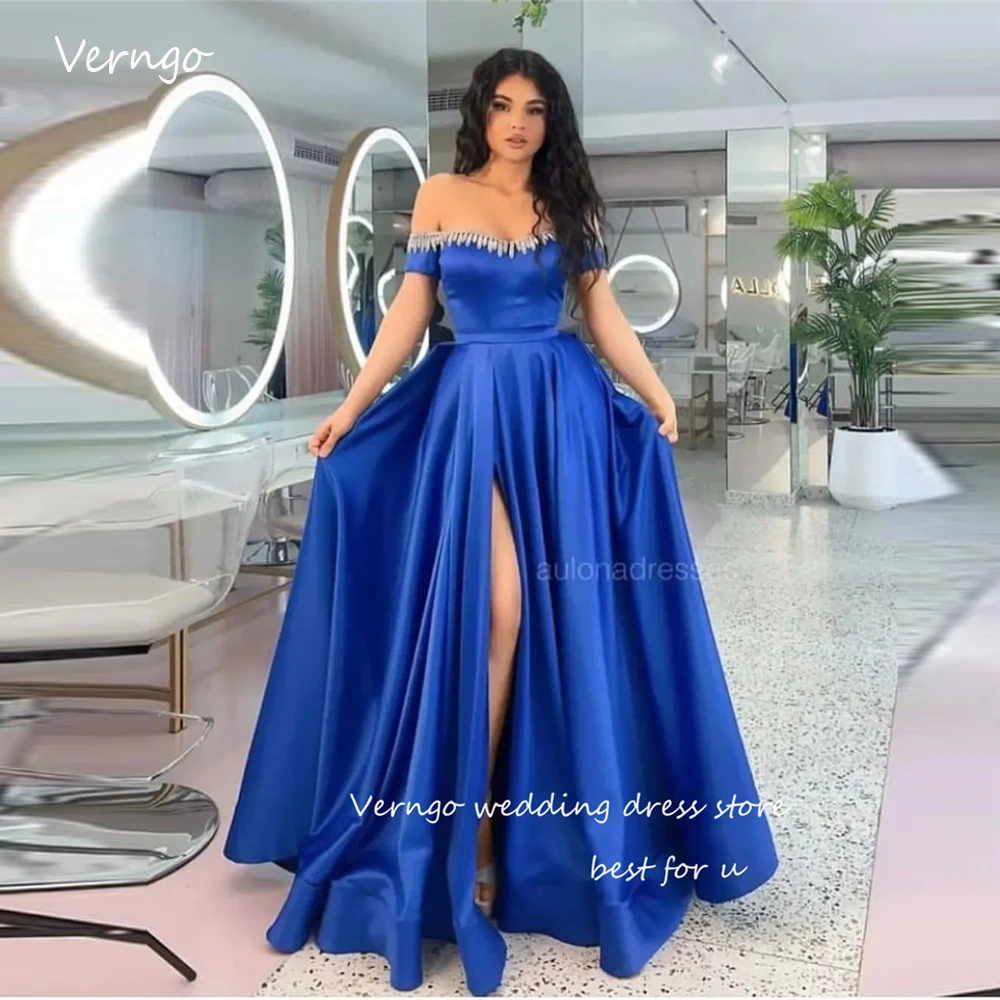 

Женское атласное платье для выпускного вечера Verngo, ярко-синее платье с открытыми плечами и вырезом из кристаллов, Длинные официальные платья в арабском стиле Дубая