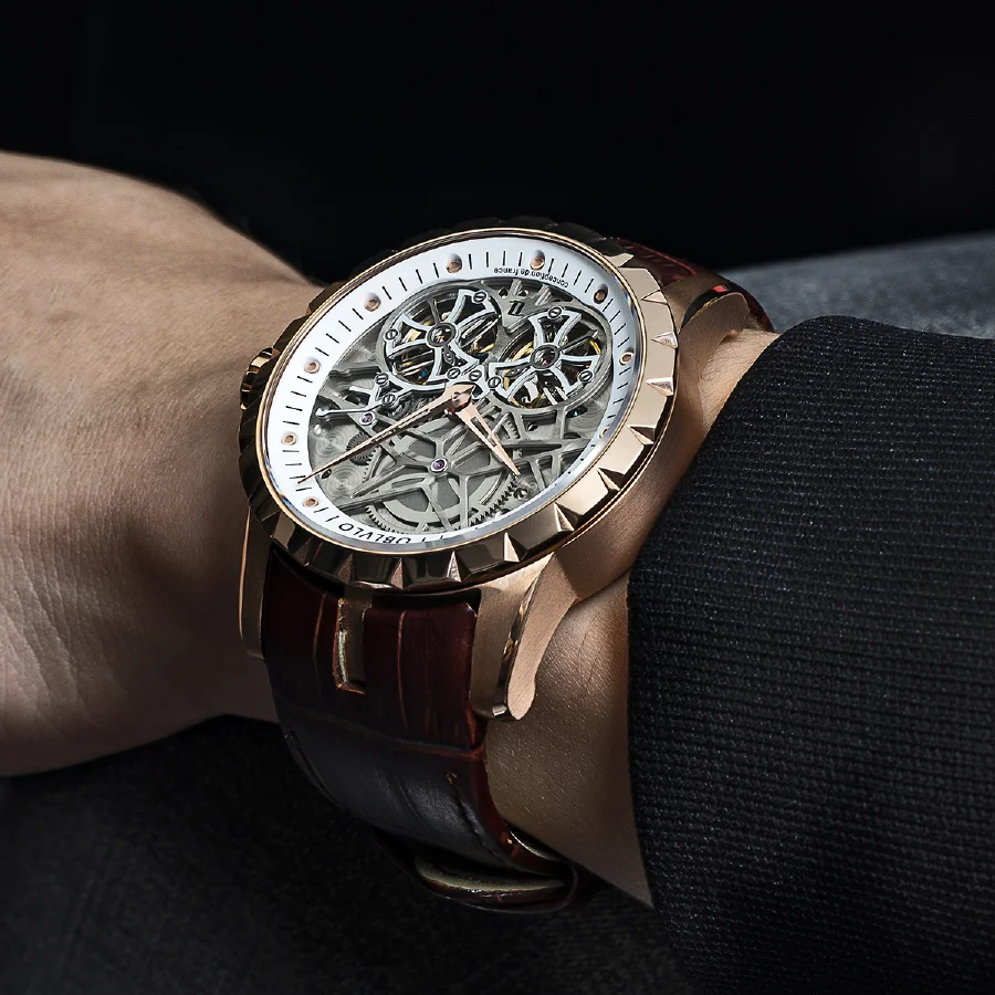 

OBLVLO Men Military Skeleton Automatic Watch Mechanical Soft Calfskin Strap Sapphire Waterproof Double Flywheel Dial Clock RM-T