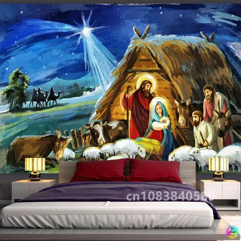 Рождественская сцена гобелен Иисус рождения ясли сарай настенный ангел Пасха
