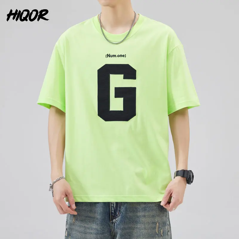 

HIQOR Summer Fashion G Letter Embroidery T-shirts Men's Cotton Round Neck Short Sleeved Shirts Male Green Casual Boys Tee Homme