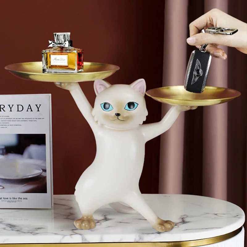 

Home Decor Enchanting Cat Statue Tray Ornament Nordic Cartoon Animal Sculpture Modern Art Desktop Accessories Storage Shelf Gif