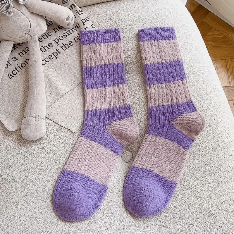 Casual New High Quality Wool Socks Set 6 Pairs Female Simple Striped Patchwork Warm Winter Socks Lots for Women Gift
