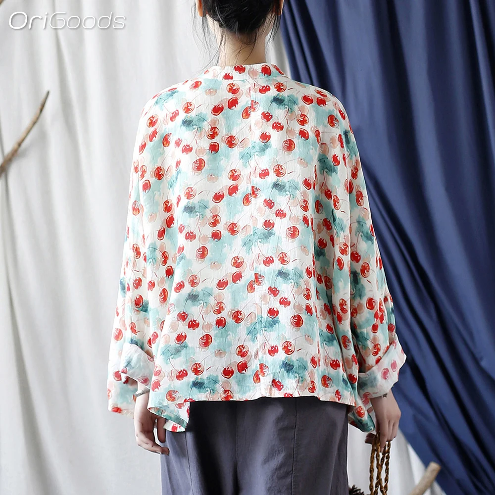 OriGoods Рубашка с рукавами летучих мышей блузка женский супер - рамин вишнёвый принт