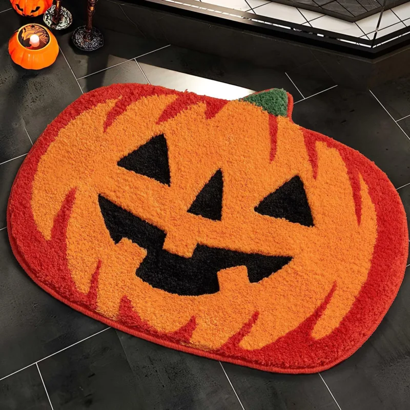 

Cartoon Cute Ghost Faced Pumpkin Shape Carpet Halloween Atmosphere Decoration Bathroom Water Absorbing Thickened Flocked Doormat