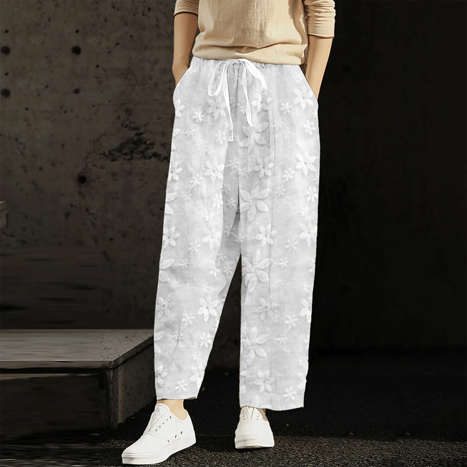 Spring Summer Women 2023 New Women Pants Lady Solid Floral Embroidered Cotton Linen Pockets Casual White Wide Leg Long Trousers