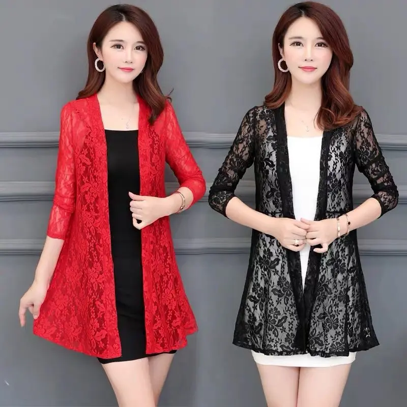 

Summer Lace Cardigan Long Hollow Sunscreen Jacket Women Casual Pink Black Red White Long-sleeve Thin Coat Woman Jacket Y932