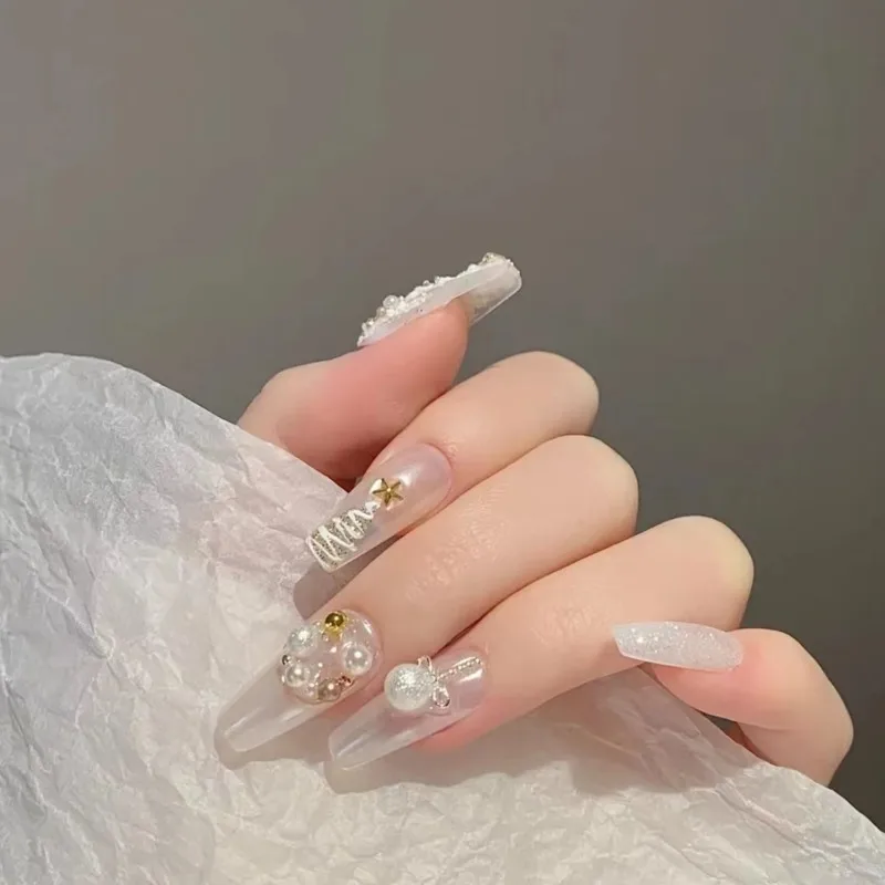 White Christmas Fake Nails With Glue Korean Ins Style Detachable False Nails Pearl 3d Decoration Press On Nails With Designs