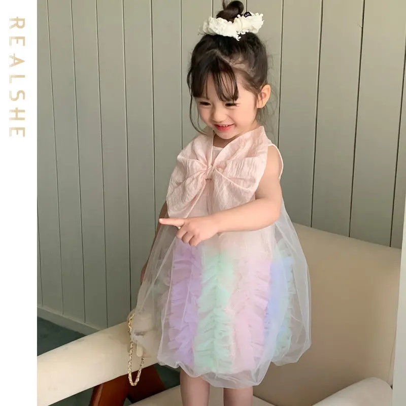 

Summer Girls Princess Dress Kids Sleeveless Tulle Big Bow Clothes Children Birthday Party Vestido Kids Tutu Costume