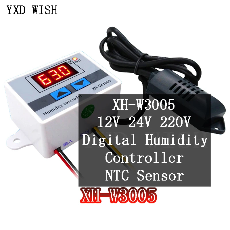 

XH-W3005 Digital Humidity Controller DC 12V 24V 220V 10A Hygrometer Control Switch 0~99%RH Hygrostat w/ Humidity Sensor W3005