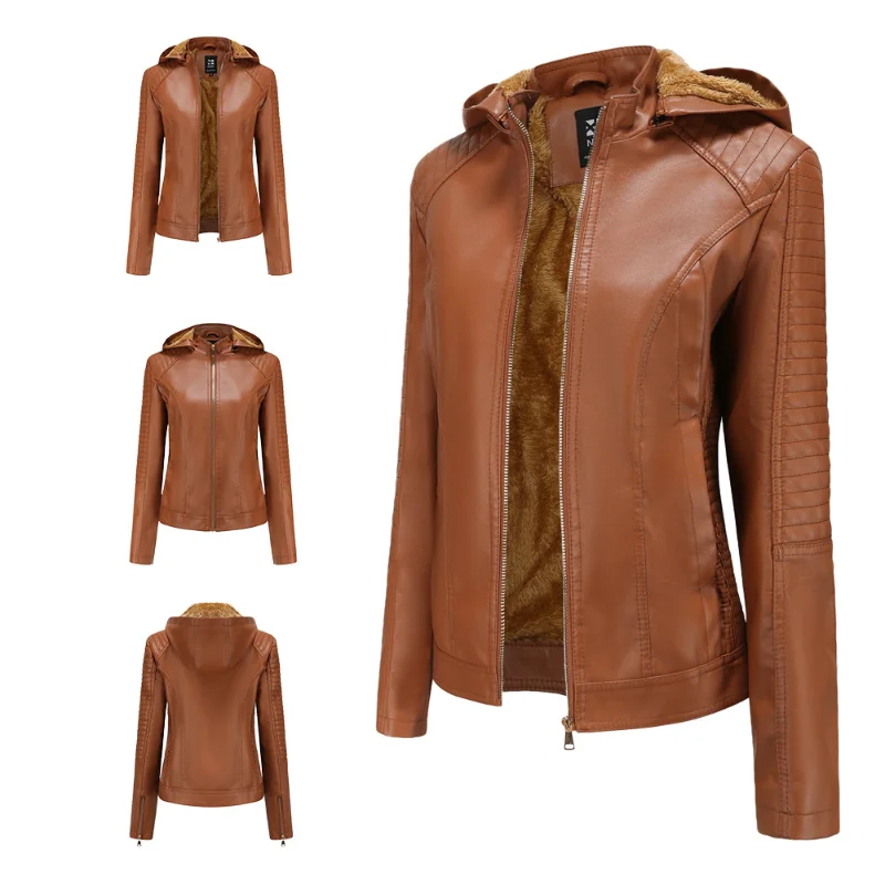 Women's Removable Hooded Faux Leather Jacket Motorcycle Moto Biker Short Coat Fall and Winter Fashion Casual Slim PU Bomber Coat enlarge