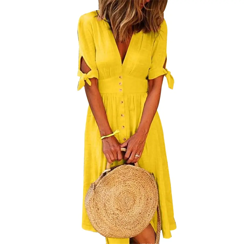 

Summer Solid Color Shirt Maxi Dress Women V Neck Button Long Shirt Dress Summer Slit A Line Bandage Ruched Casual Loose Dress