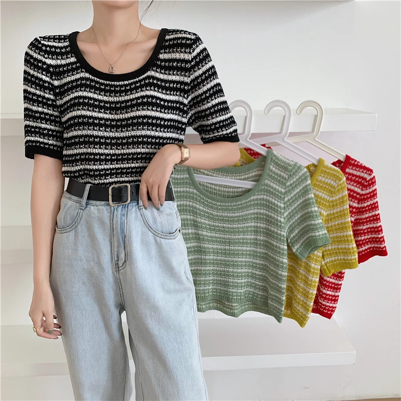 

2022 Summer New Ice Silk Contrast Knit Tee Tops Women's Casual O-neck Vintage Stripe Tshirt