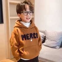 boys hooded sweatshirt single layer fleece lined 2022 new childrens loose top handsome autumn and winter undershirt