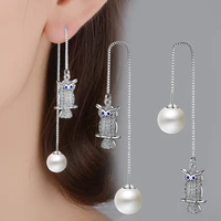 fanqieliu s925 stamp silver color cute owl elegant zircon pearl drop earrings for woman trendy jewelry girl gift new fql20061