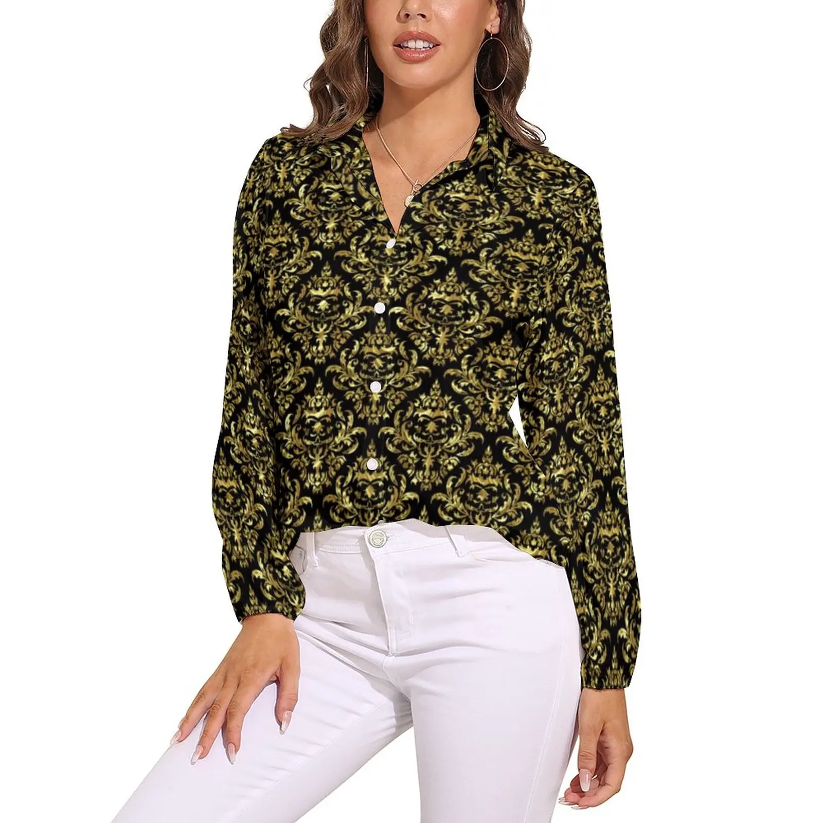 

Gold Baroque Floral Blouse Geometric Pattern Elegant Design Blouses Women Street Wear Shirt Autumn Long Sleeve Oversize Top