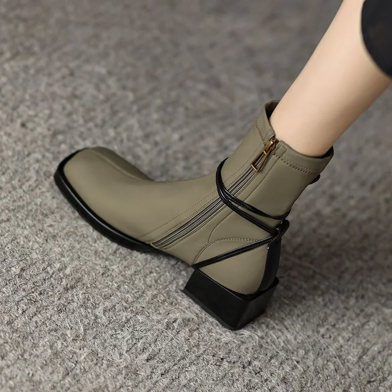 2022 Fashion Ankle Boots Thick Bottom Zipper Pu Leather Autumn Botas De Mujer Square Toe Mid-heel Winter Short Boots New