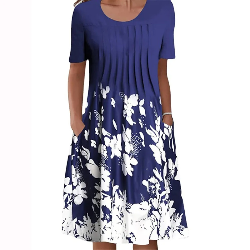 

Vintage Printed Ruffled Pockets Dresses for Women 2023 Summer Fashion O Neck Short Sleeve Casual Loose Beach Midi Dress Vestidos