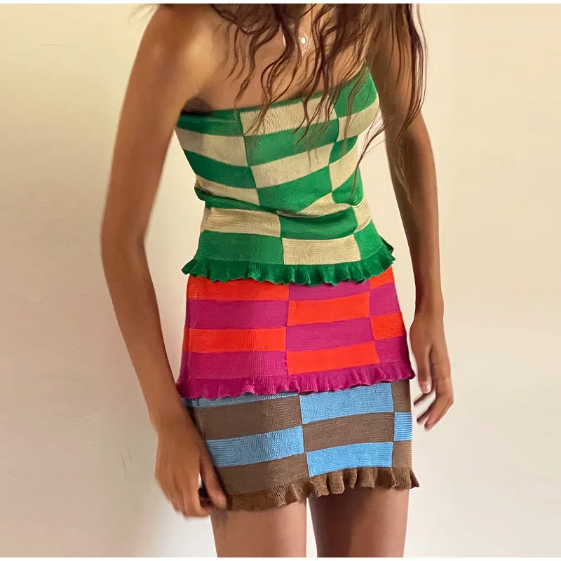 

Sleeveless Plaid Knitted Tube Top Tank Tops Women Y2K Sexy Off Shoulder Backless Lady Vest 2022 Summer Chic Ruffled Slim Tanks