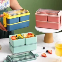 double layer lunch box plastic microwave food storage containers leak proof bento box with tableware for school kids office
