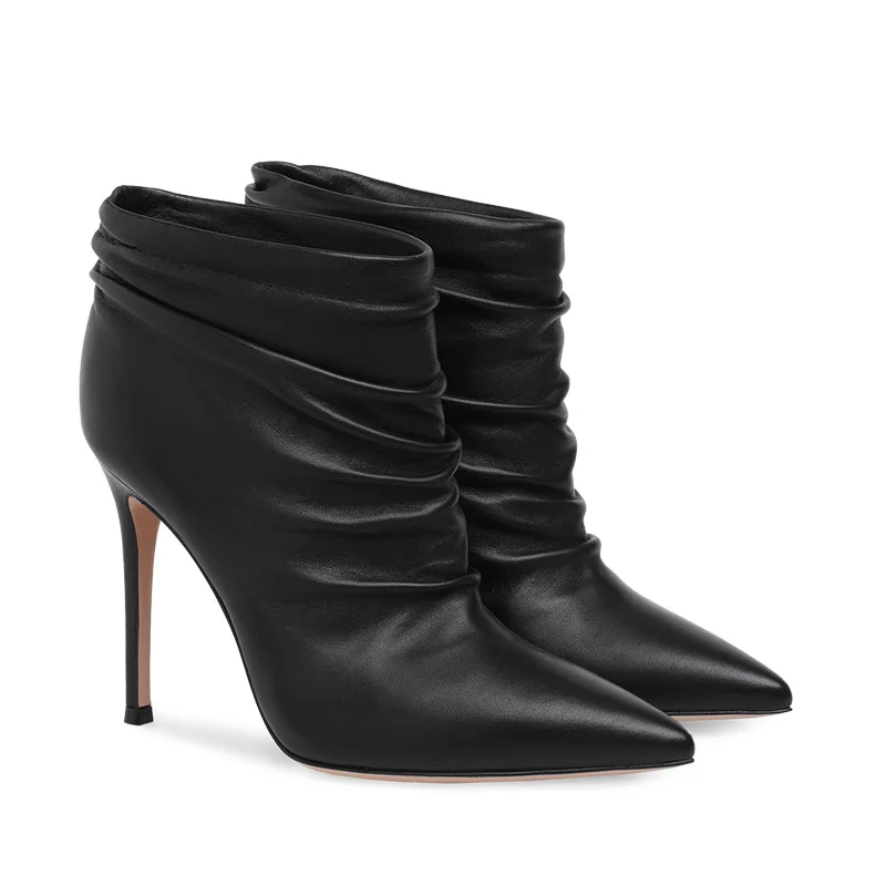 

Pereira Elegant Concise Slip On Women Ankle Boots Black Pleated Pointed Toe Stiletto Heels Pumps Wedding Office Lady Shoes Woman