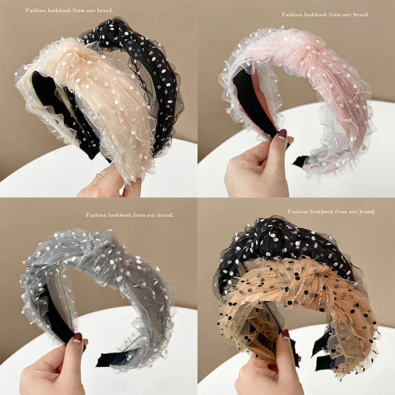 

New Sweet Mesh Polka Dots Top Knot Headbands Cute Lace Solid Color Hairbands for Women Girls Hair Hoops Bangs Hair Accessories