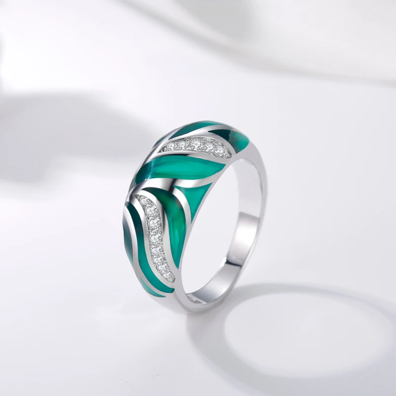 

OGULEE Elegant Emerald Translucent Enamel Jewelry Set 925 Sterling Silver Exquisite Green Leaf AAA+ CZ Ring for Women