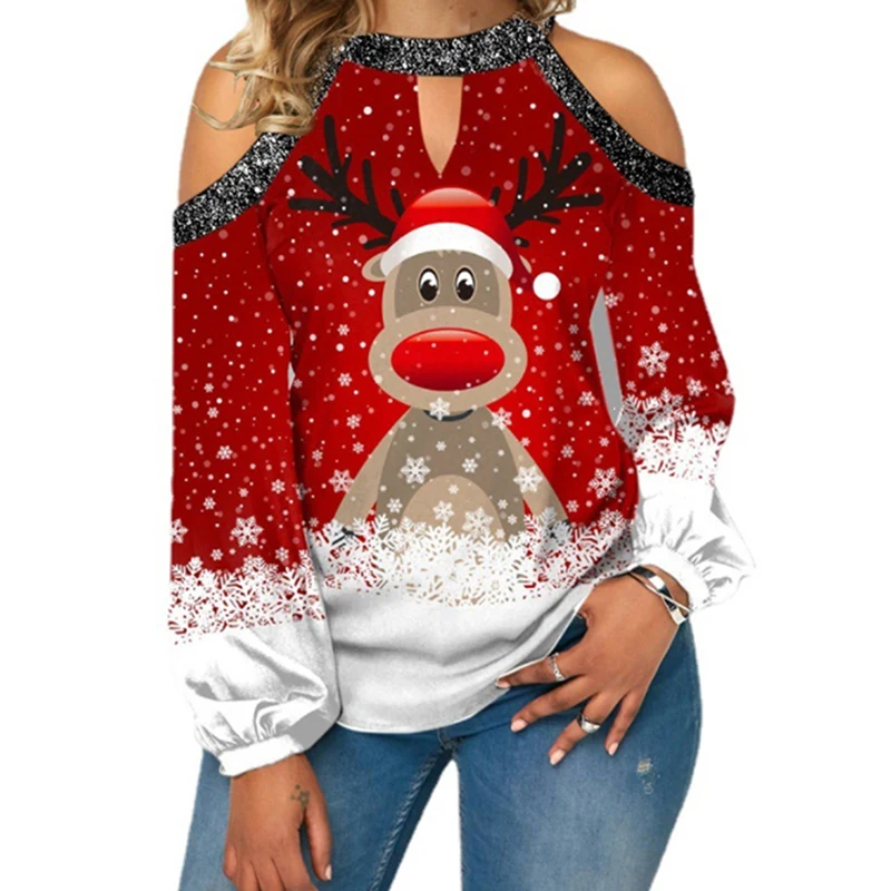 

Милая Рождественская футболка с оленем, Женская свободная футболка с принтом Санты, открытыми плечами, воротником хомутиком и длинными рук...