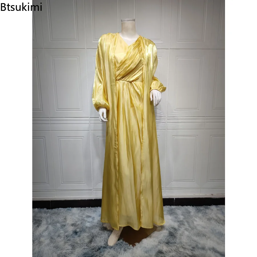 Women 2 Piece Set Silky Satin Abaya Dubai Muslim Dresses Morocco Party Dress Eid Caftan Evening Long Robe Vestidos Abayas Robe