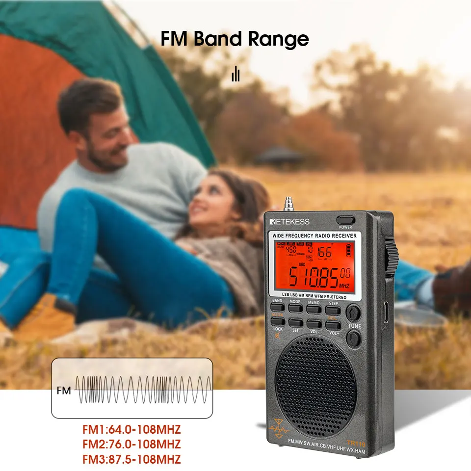 Retekess TR110 портативный SSB коротковолновый радио FM/MW/SW/LSB/AIR/CB/VHF/UHF Полный диапазон NOAA