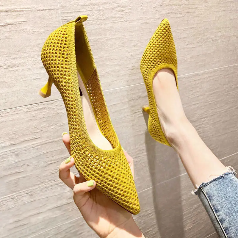 

Women Pumps Summer Comfortable Triangle Heeled Party Shoes Stiletto Sexy Single Shoes Flying Woven Mesh Breathable Women Shoes