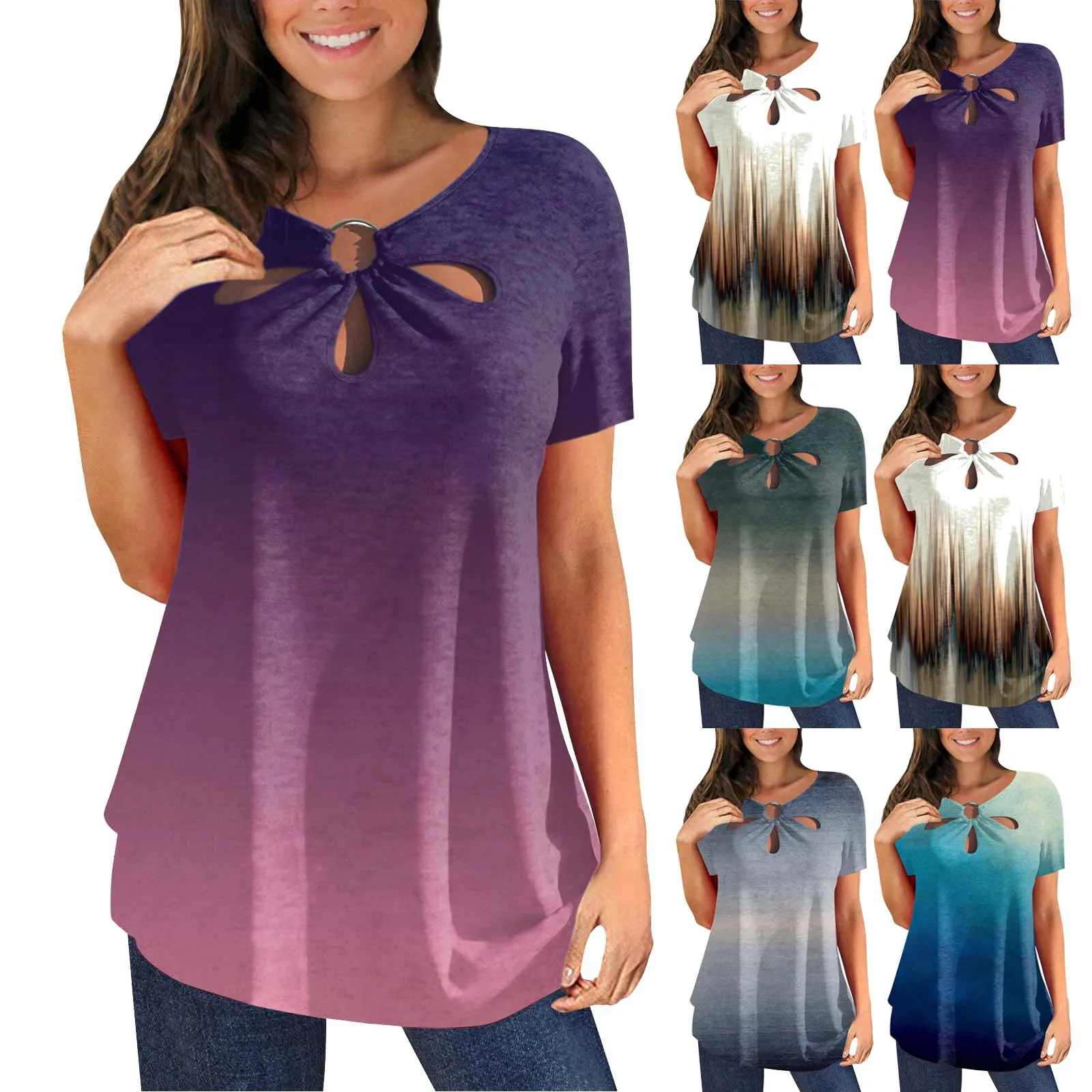 

Футболка женская с круглым вырезом, Повседневная рубашка с длинным рукавом, с градиентом цвета, с вырезами, на лето