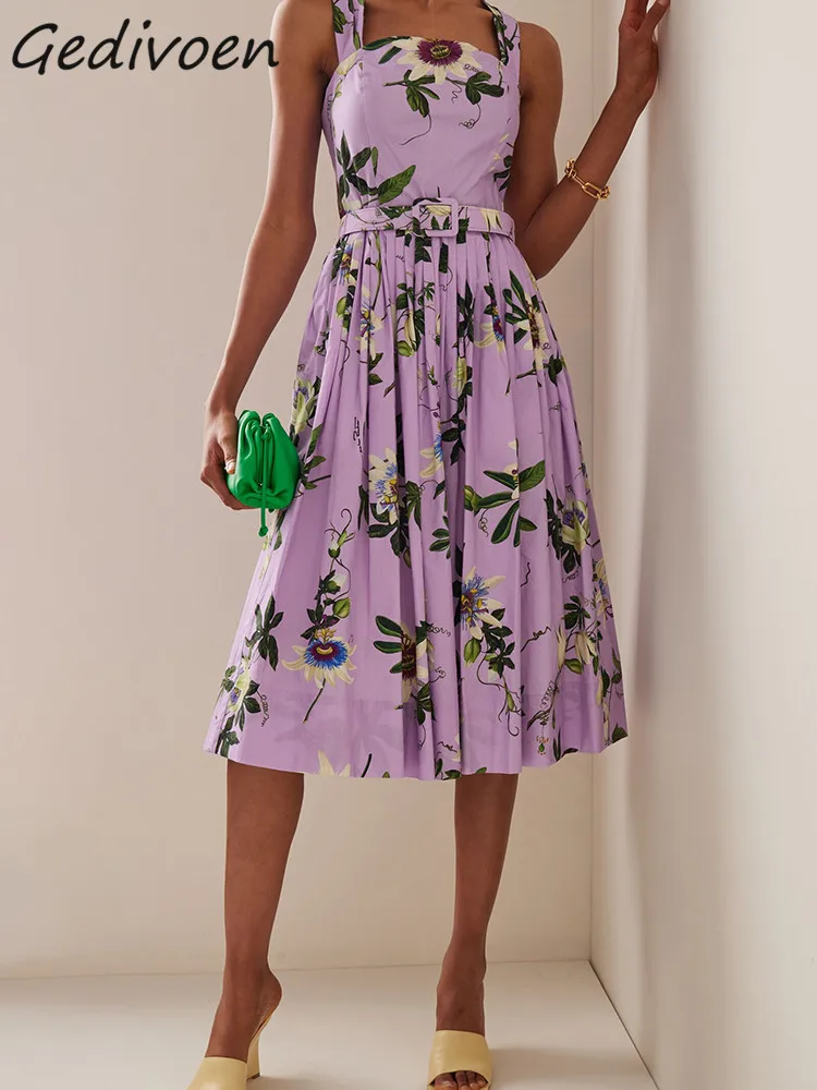 

Gedivoen Fashion Designer Dress Summer Women's Square Collar Bow-knot shoulder Mid-Length Suspender Dress