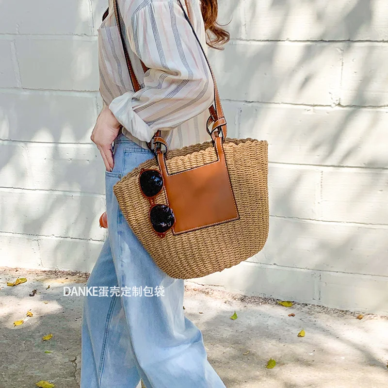 

Модные соломенные сумки-корзины, дизайнерские плетеные женские сумки на ремне, летняя пляжная сумка через плечо из искусственной кожи в стиле пэчворк, большая сумка-тоут