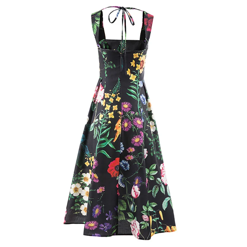 TLXT 2023 Summer New Loose Dress For Women Square Collar Sleeveless High Waist Print Colorblock Midi Dresses Female Clothing