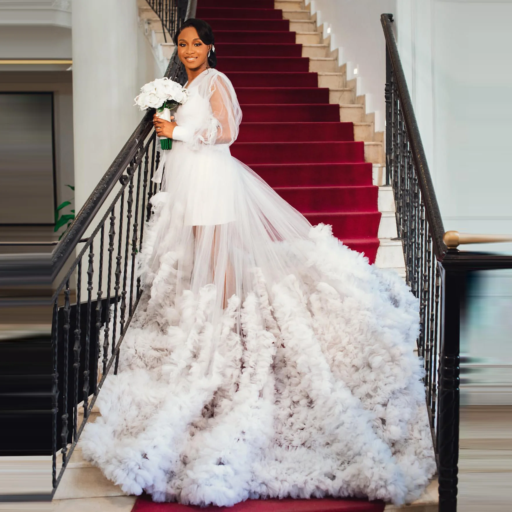 

Женское длинное фатиновое платье со шлейфом Aso Ebi, Элегантное свадебное платье с длинными рукавами и оборками, роскошное платье с V-образным ...