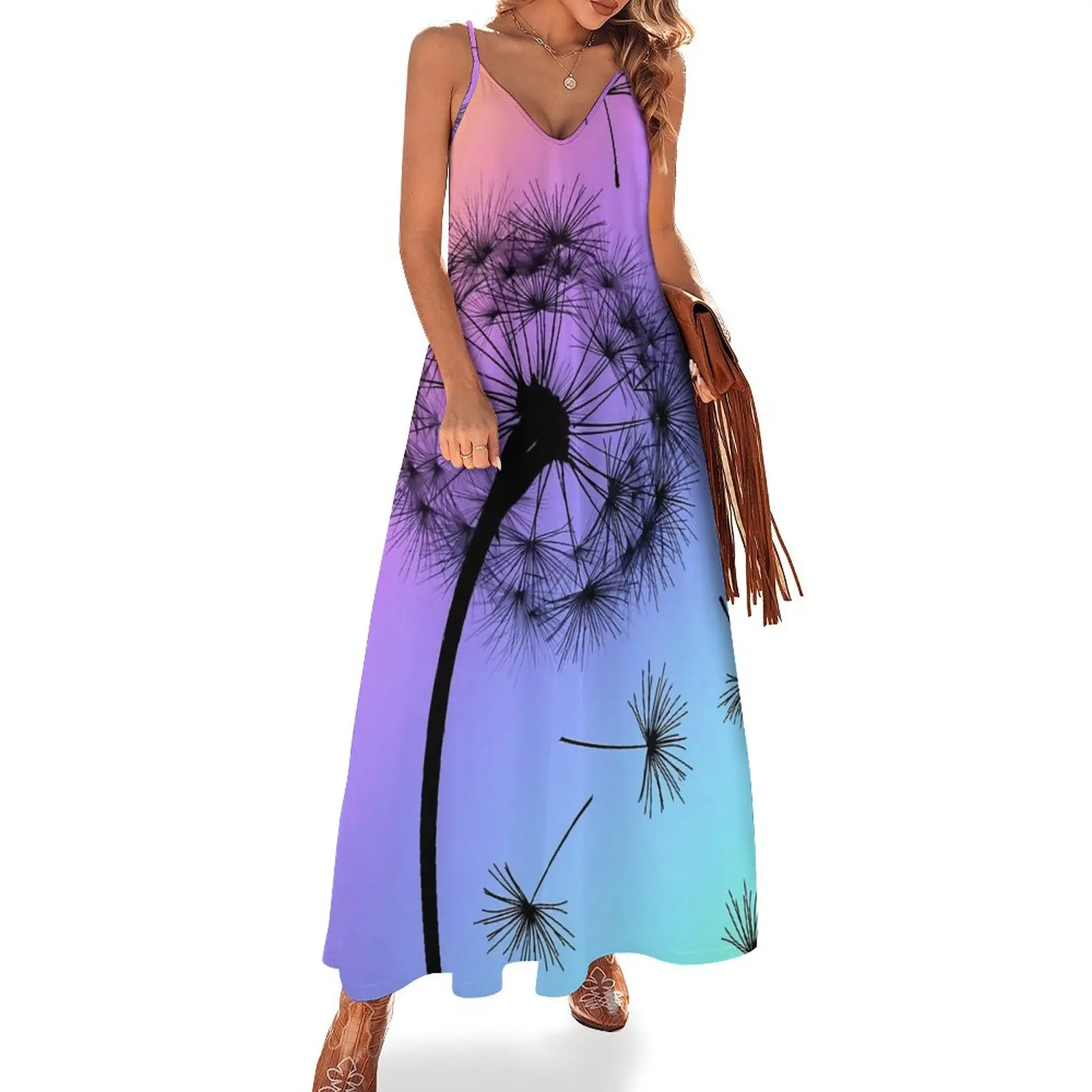 

Dandelion Dress Rainbow Wishes Trendy Maxi Dress Spaghetti Straps Aesthetic Casual Long Dresses Summer V Neck Oversized Vestidos