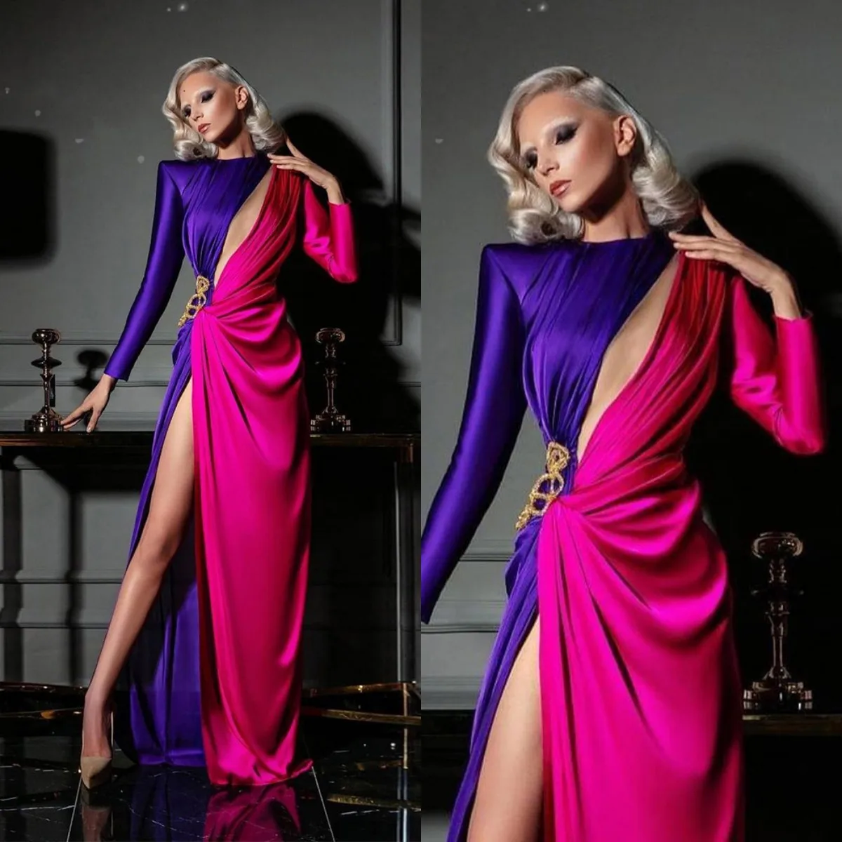 

Purple And Fuchsia Arabic Evening Dresses Long Sleeves Satin Prom Gowns High Slit Dubai Formal Women Party Dress robes du soir
