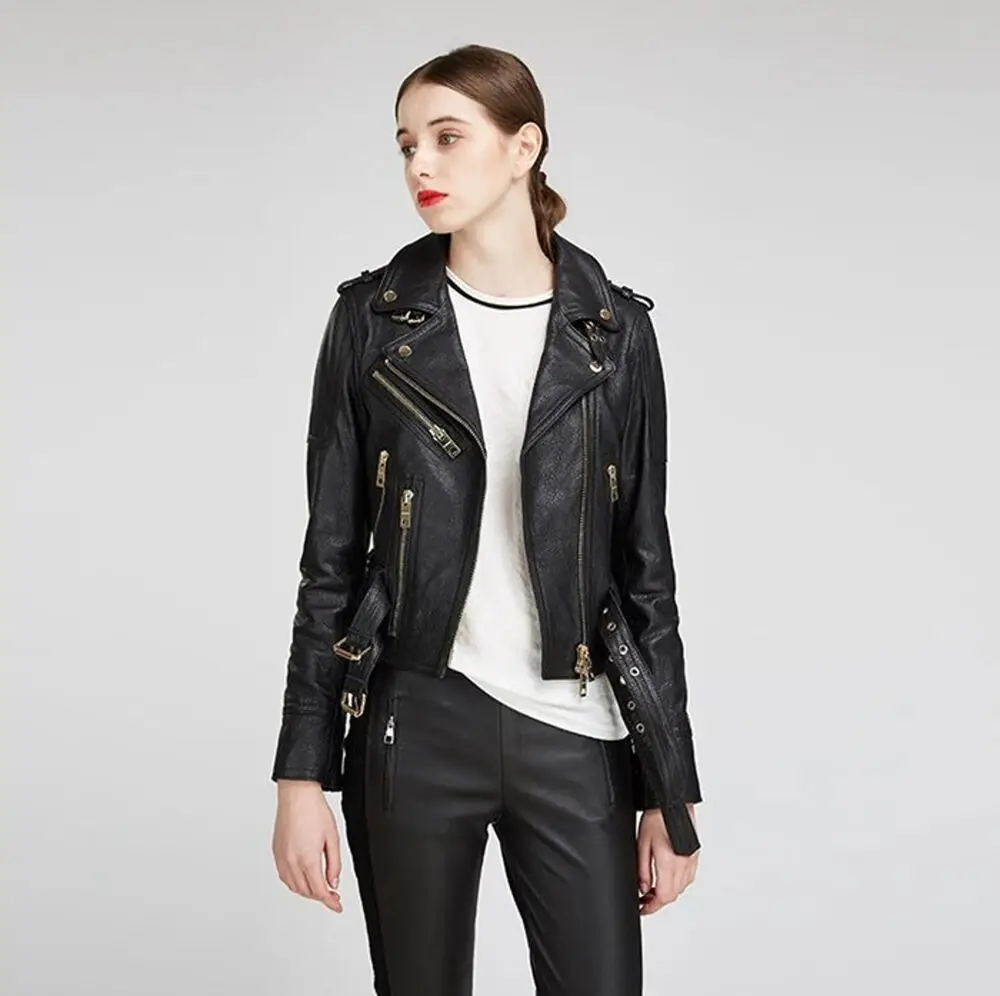 Women Slim Fit Leather Jacket Biker Jacket for Female Cropped Jacket Real Leather Coat