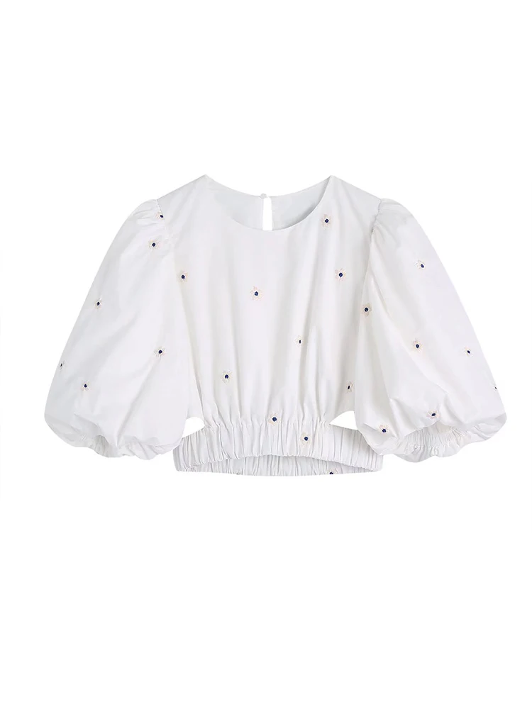 

2022 Women New Fashion Embroidered Poplin Cropped Blouses Vintage Puff Sleeve hollow out Female Shirts Chic Top