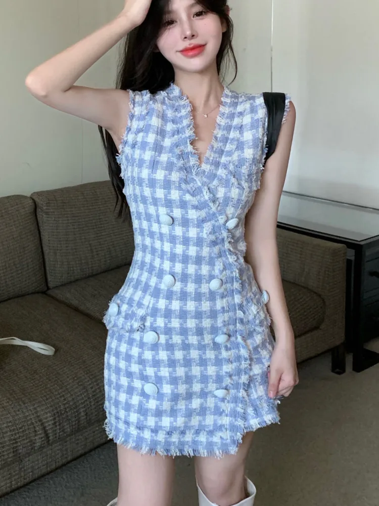 

High Quality Korean Fashion Casual Small Fragrance Tweed Dresses Women French Vintage Woolen Summer Dress Elegant Party Vestidos