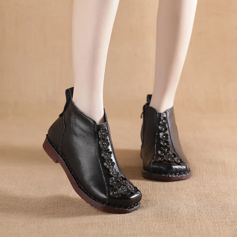 New High-end Winter Boot Shoes Warm Plush Ankle Boots Mother Female Genuine Leather Retro Casual Autumn Flower Shoes