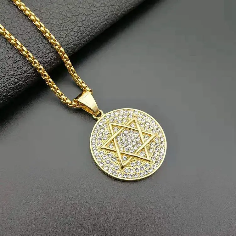 Stainless Steel Religious Menorah And Star Of David Jewish Pendant Necklace Hip Hop Bling Cubic Zirconia Jewlery For Man No Fade